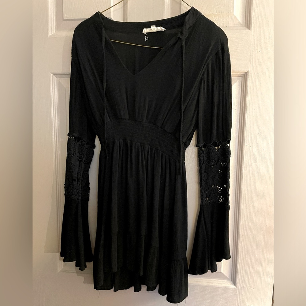 Juniors Black Tunic Dress with Crocheted Bell Sleeve